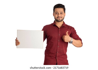 Happy Young Man Holding Displaying Signboard Stock Photo 2171683719 ...