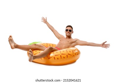 Happy Young Man With Inflatable Ring Isolated On White