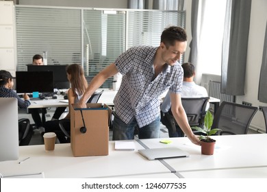 Happy Young Man, Intern Unpack Cardboard Box With Belongings At Workplace, Starting Work In New Company, First Day Of Job, Prepare To Beginning Of Working Day, Newly Hired Office Worker, Newcomer