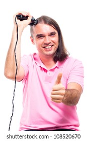 Happy Young Man Shaving His Head With Hair Trimmer, Isolated On White Background.