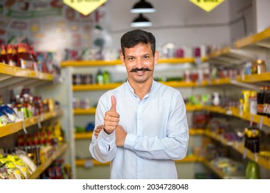 Happy Young Man Show Thumbs Up At Grocery Store Products.