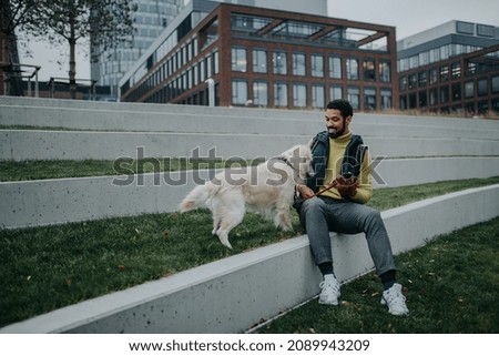 Similar – Image, Stock Photo Man with dog Town