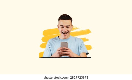 Happy Young Man Smiling While Using Smartphone, Vibrant Background