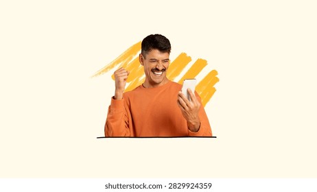 Happy Young Man Smiling While Looking At Smartphone, Indoor, Technology Concept