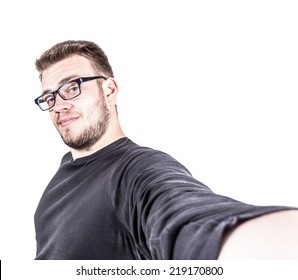 Happy Young Man Taking A Selfie Photo. Isolated On White Background