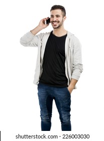 Happy Young Man Talking On Cell Phone Isolated On White Background