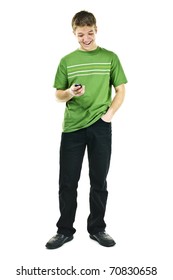 Happy Young Man Texting On Cellphone Standing Full Body Isolated On White Background