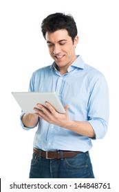 Happy Young Man Using Digital Tablet Isolated On White Background