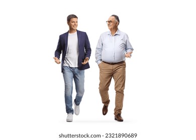 Happy young man walking and talking to an older male isolated on white background - Powered by Shutterstock