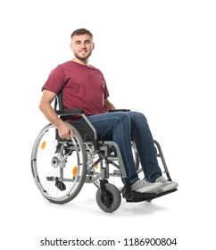 Happy Young Man In Wheelchair On White Background