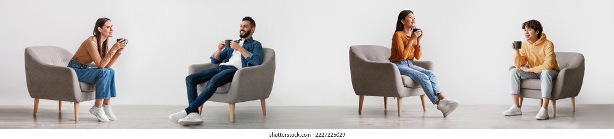 Happy Young Men And Women Relaxing In Armchair With Cup Of Coffee, Group Of Smiling Multiethnic Males And Females Sitting In Chair And Having Hot Drink, Enjoying Home Leisure, Collage - Powered by Shutterstock