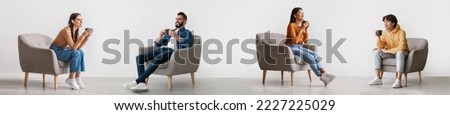 Happy Young Men And Women Relaxing In Armchair With Cup Of Coffee, Group Of Smiling Multiethnic Males And Females Sitting In Chair And Having Hot Drink, Enjoying Home Leisure, Collage