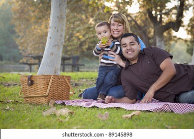 Happy Young Mixed Race Ethnic Family Having A Picnic And Playing In The Park.