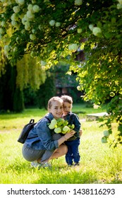 Happy Young Mother Playing And Having Fun With Her Little Baby Son On Warm Spring Or Summer Day In The Park. Happy Family Concept, Mother's Day.