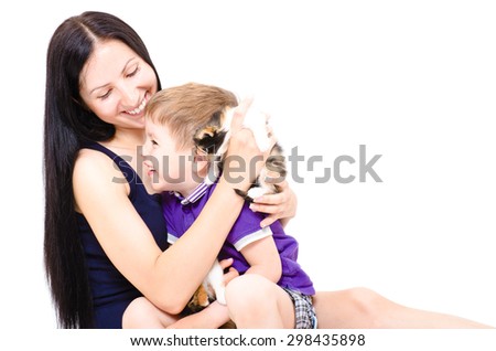 Happy young mother and son together with kittens isolated on white background