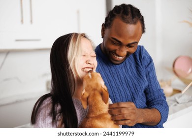 Happy young multiethnic couple in sweaters having fun with chihuahua dog at home - Powered by Shutterstock