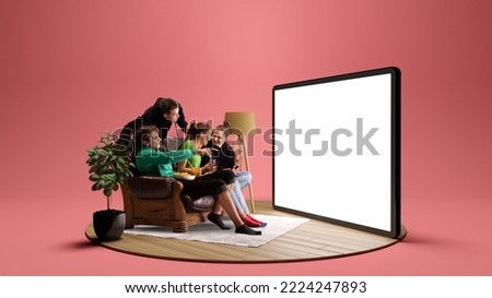 Happy young people, emotional friends watching football match, sport show. Youth sitting on sofa in front of huge 3D model of tv screen. Concept of sport, leisure activities, betting, ad