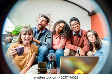 Happy Young Smart Bloggers Filming New Vlog Video With Smartphone, Ring Light And Laptop At Home, Young People Having Fun And Broadcasting Their Blog Content