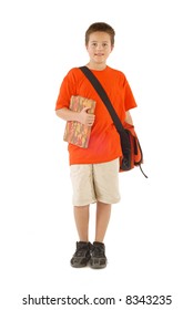 Happy Young Student With A Messenger Bag And A Book; Isolated On White