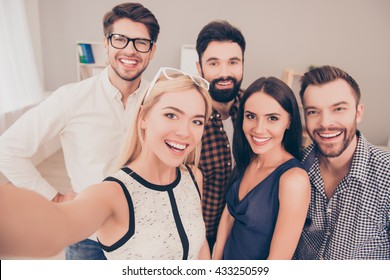 Happy Young Successful Group Of Businesspeople   Make Selfie Photo And Smiling