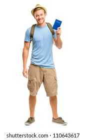 Happy Young Tourist Man Holding Passport White Background