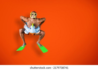 Happy Young Tourist Man Wear Beach Accessories Jump High. Summer Vacation Sea Rest Sun Tan Concept