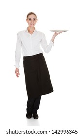 Happy Young Waitress Holding Tray Over White Background