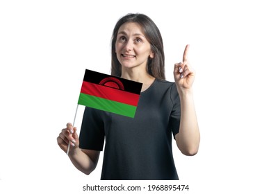 Happy Young White Woman Holding Flag Of Malawi And Points Thumbs Up Isolated On A White Background.