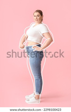 Happy  young woman after weight loss on pink background