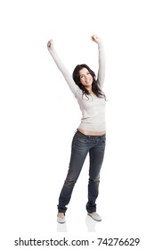 Happy Young Woman With Arms Up, Isolated Against A White Background