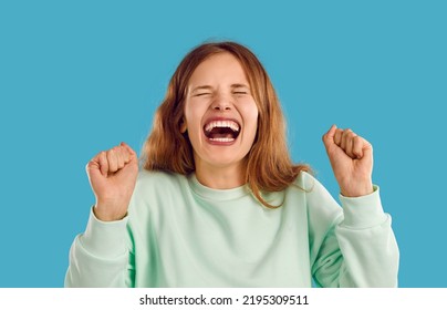 Happy Young Woman With Beautiful Genuine Candid Perfect Toothy Smile Laughing With Mouth Wide Open At Funny Joke. Head Shot Angry Naughty Capricious Unruly Teenage Girl Throwing Tantrum And