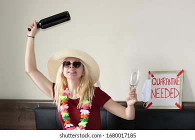 Happy Young Woman Celebrating Home Quarantine Caused By Coronavirus And Making Party In Bedroom