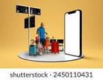 Happy young woman with children and suitcases standing at giant 3D model of mobile phone screen, using online app services for convenient travelling. Concept of vacation, Internet services