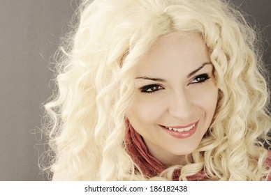 Happy Young Woman With Curly Platinum Blond Hair