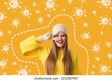 Happy young woman and drawn virus on orange background. Concept of strong immunity - Shutterstock ID 2213387907