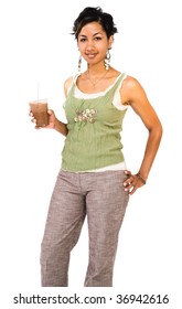 Happy Young Woman Drinking Chocolate Shake Isolated Over White