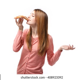 Happy Young Woman Eating Slice Of Hot Pizza, Isolated On White