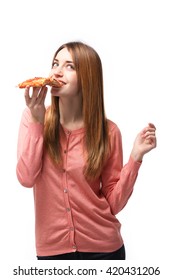 Happy Young Woman Eating Slice Of Hot Pizza, Isolated On White