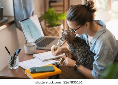 Happy young woman in eyeglasses  works at home  with a laptop and a cat, remote work and education