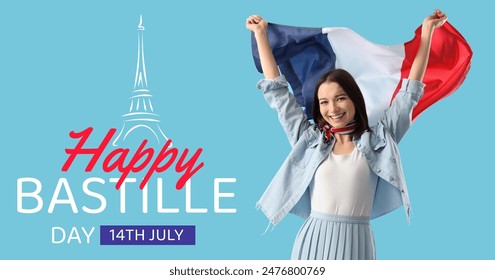 Happy young woman with flag of France on light blue background. Bastille Day celebration - Powered by Shutterstock