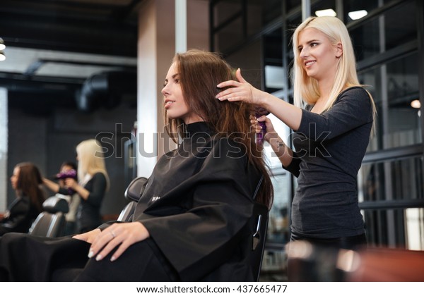 Happy Young Woman Hairdresser Fan Making Stock Photo Edit Now