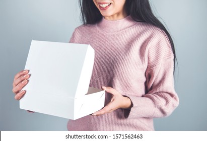 Happy Young Woman Hand Open White Box