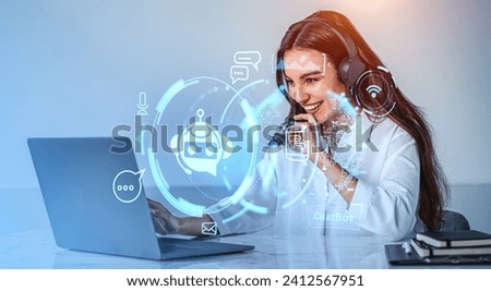 Happy young woman in headphones using laptop with double exposure of AI artificial intelligence chat bot. Concept of machine learning and AI assistant