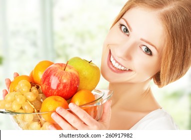 Happy Young Woman And Healthy Vegetarian Food, Fruit