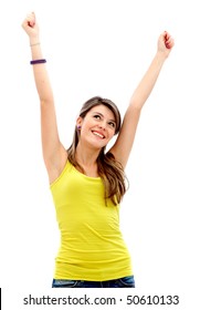 Happy Young Woman With Her Arms Up Isolated Over A White Background