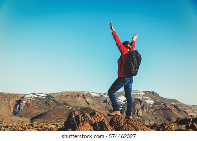 Happy Young Woman Hiking In Tenerife National Park, Spain