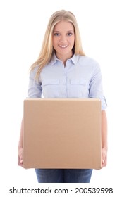 happy young woman holding cardboard box isolated on white background