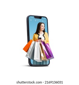 Happy young woman holding many shopping bags in a smartphone screen, online shopping offers, isolated on white background - Shutterstock ID 2169136031