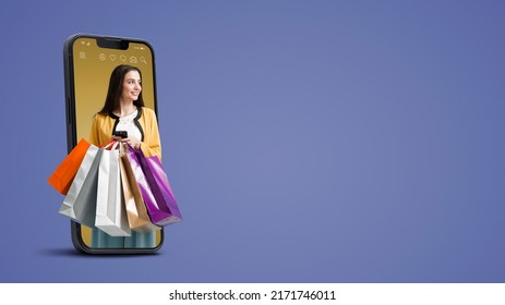 Happy Young Woman Holding Many Shopping Bags In A Smartphone Screen, Online Shopping Offers, Blank Copy Space