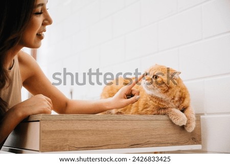 A happy young woman at home embraces her lovely Scottish Fold cat on a table, illustrating the concept of pet love and togetherness. Their affectionate bond shines in this heartwarming portrait.